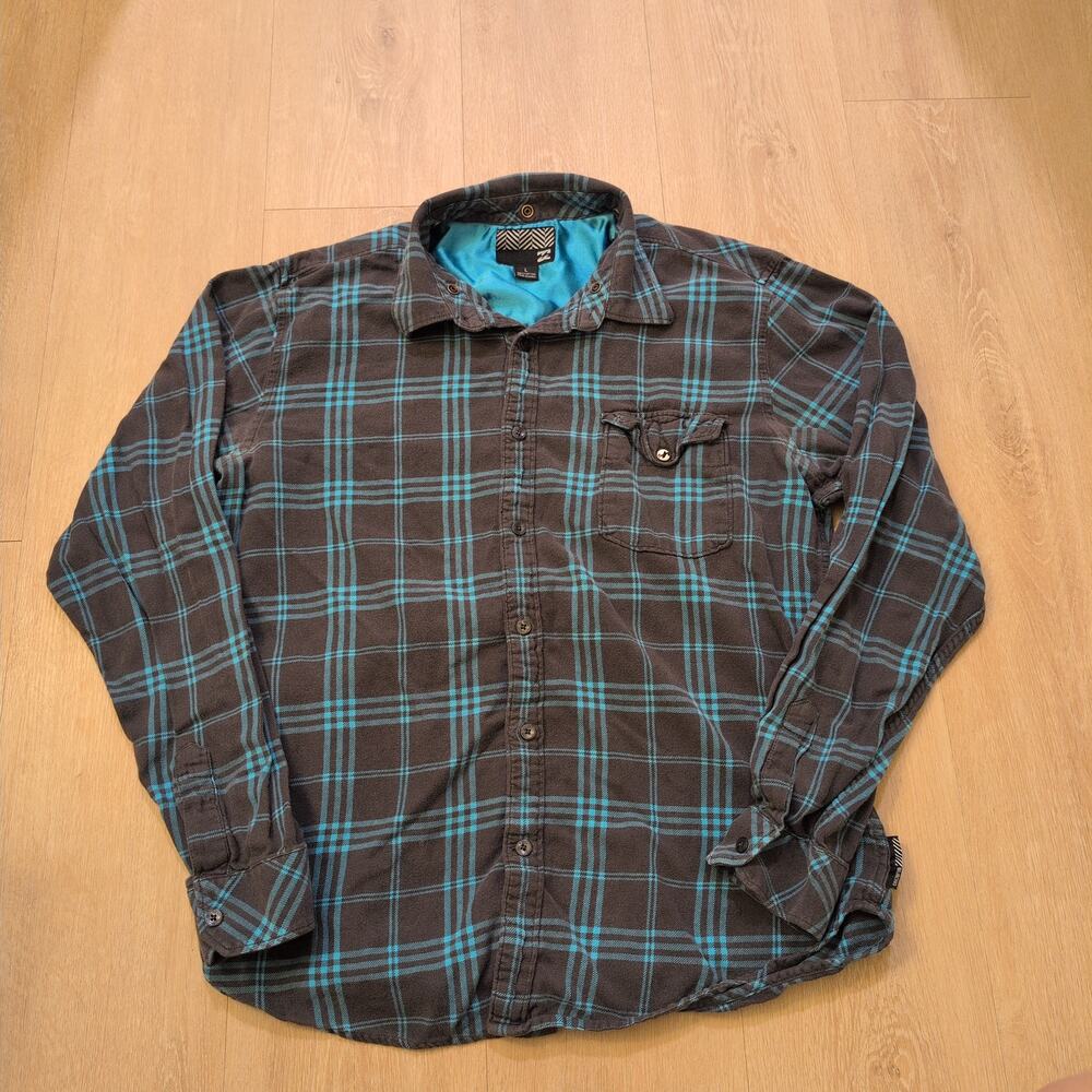 Y2K Billabong Men's Large Button Up‎ Shirt Plaid Skater Grunge Cali Surf Blue